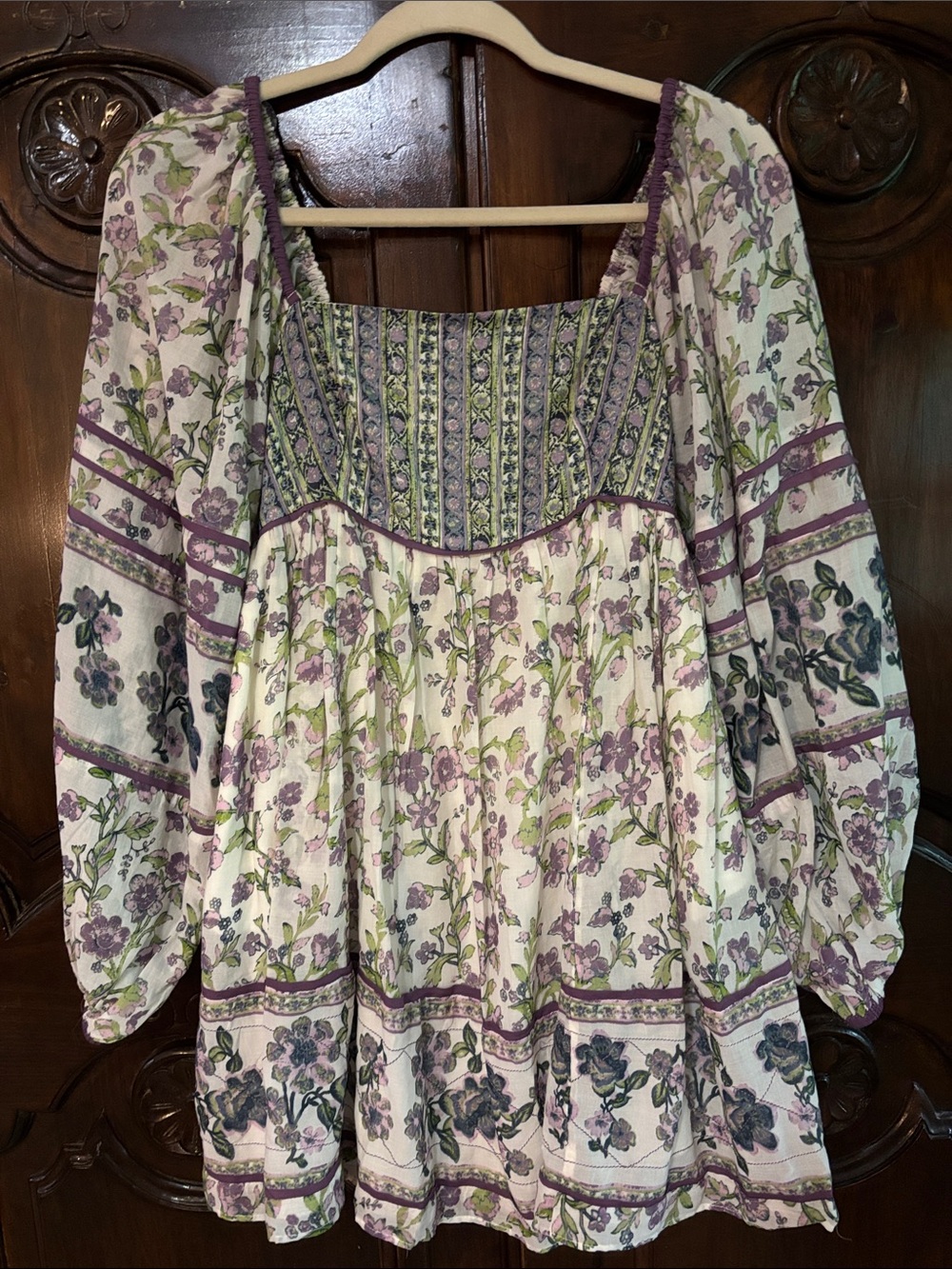 Free People Cream, Lavender & Green Floral Smocked Tunic